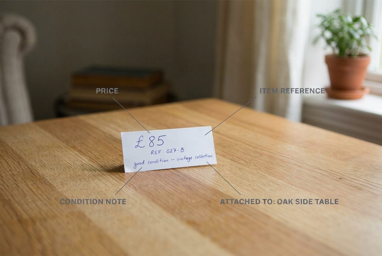 An annotated close-up of a house contents sale price sticker with labels pointing to the price, the item reference and a short condition note