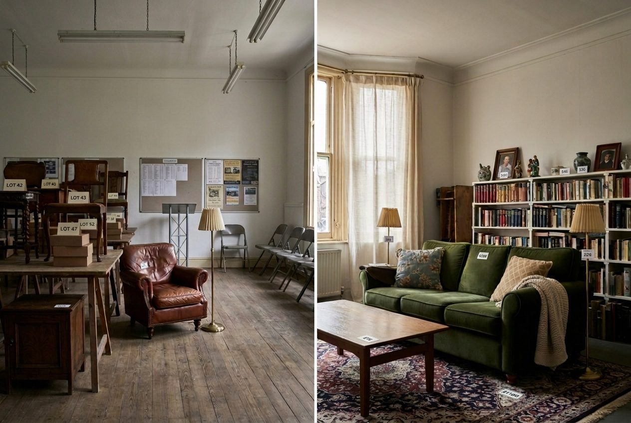 Numbered lots laid out on trestle tables in an auction saleroom, contrasting with the furnished room of a house contents sale