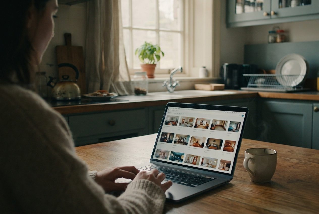 A laptop on a kitchen table showing a list of upcoming house contents sales with photographs and dates
