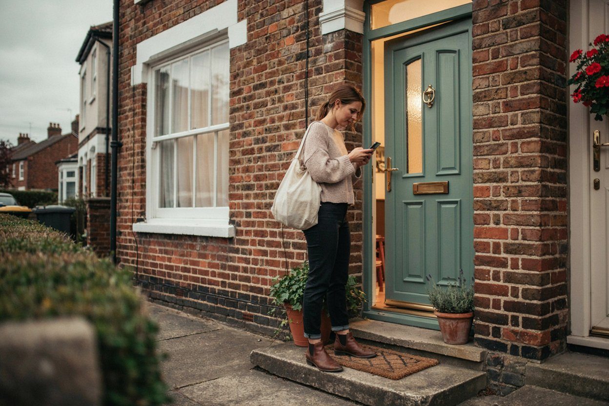 A person carrying folded tote bags waiting at the front door of a terraced house at the start of a booked time slot