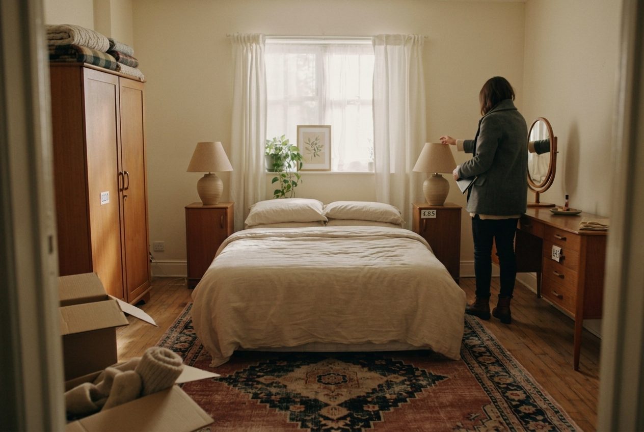 A buyer looking at a wardrobe, dressing table and bedside cabinets in a fully furnished bedroom during a house contents sale