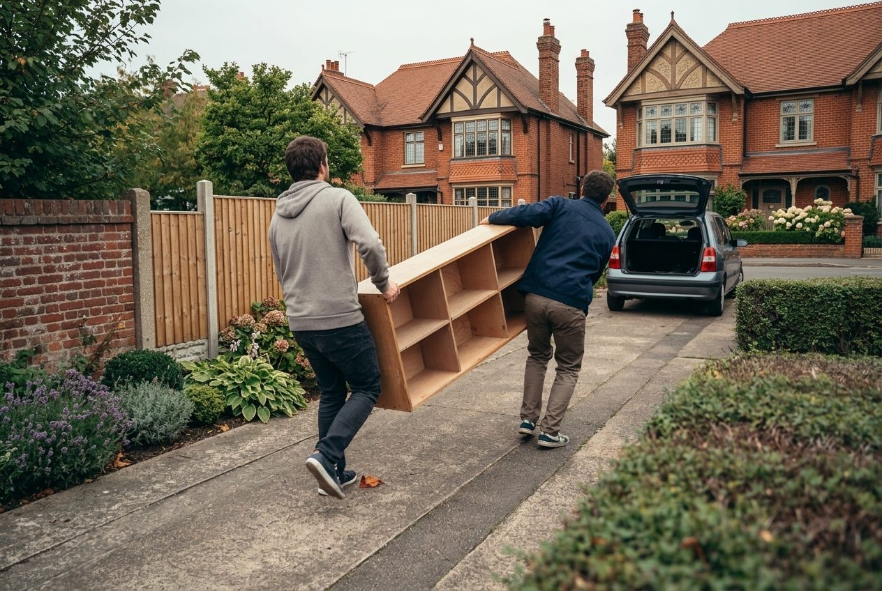 Two people carrying a wooden bookcase out of a house and loading it into the back of a small van