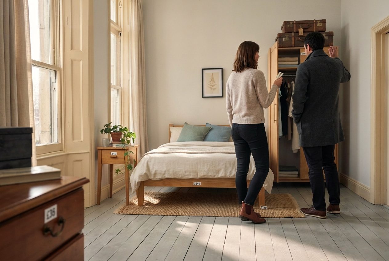 Two people browsing a furnished bedroom during a house contents sale, looking at a chest of drawers with a price sticker