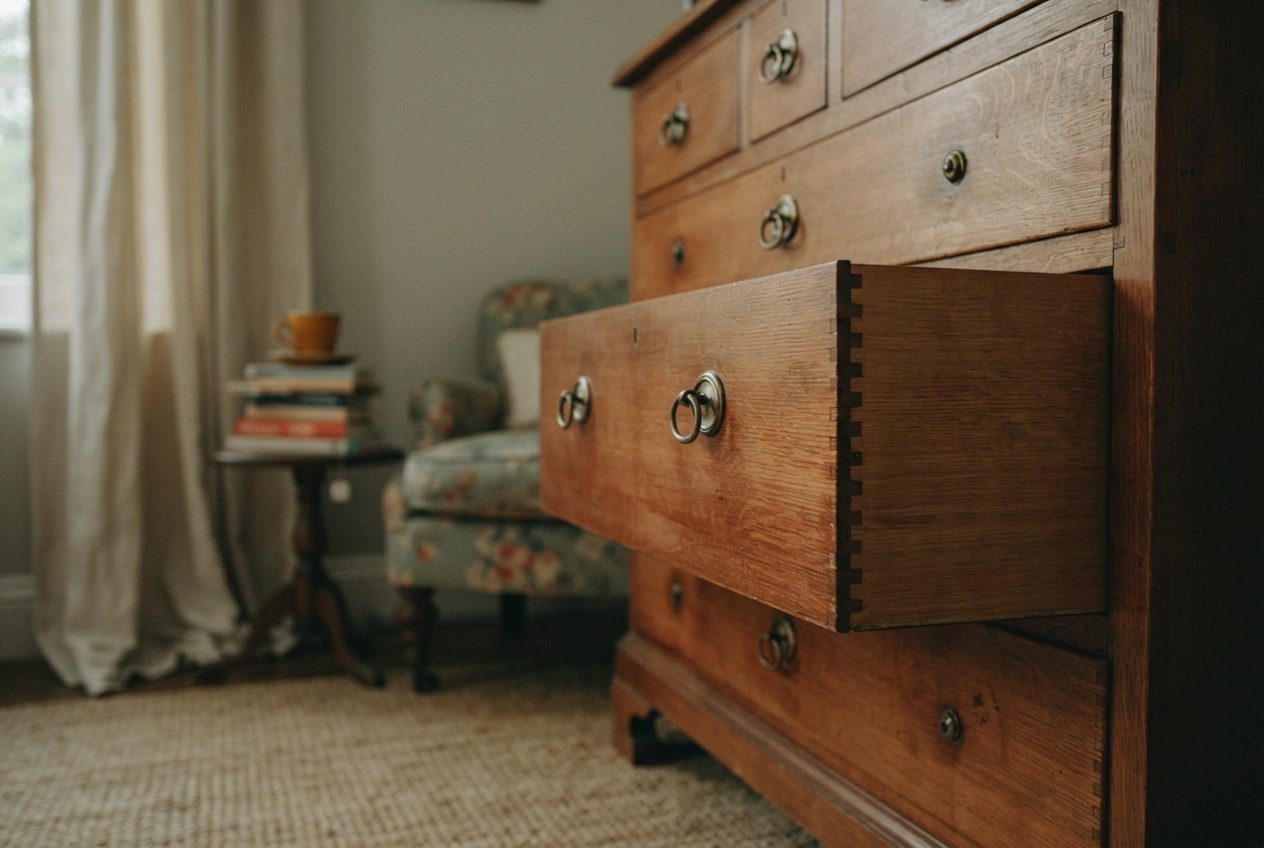 A hand holding a removed drawer to show the dovetail joints where the drawer front meets the side