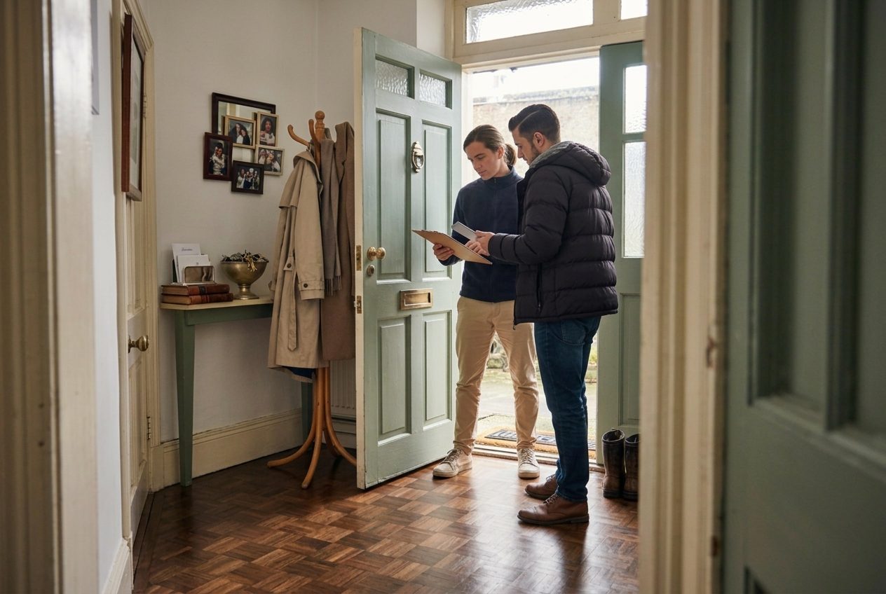 A visitor being checked in at the front door of a house at the start of a booked time slot
