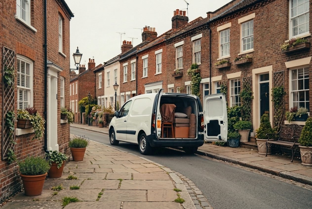 A box van parked on a narrow residential street outside a terraced house with the rear doors open