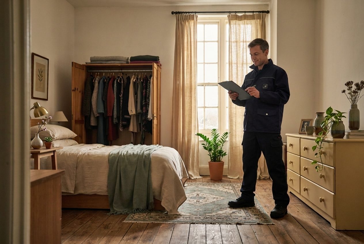 A clearance operative in work clothing standing in a furnished bedroom making notes on a clipboard during a quoting visit