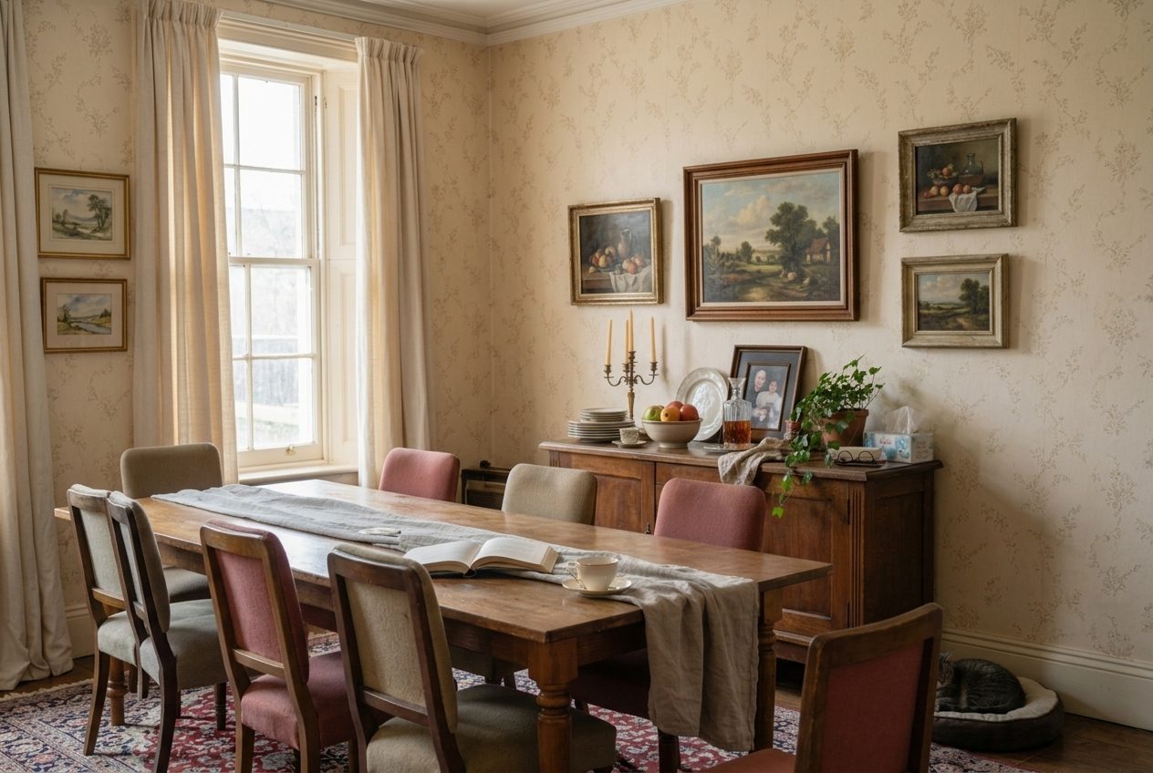 A large dining room in a family house with an extending table, eight chairs and a full sideboard, ready to be sorted before a move to a smaller home