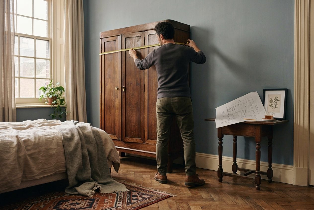 A person using a tape measure against a large wooden wardrobe while holding a phone showing the floor plan of a smaller flat