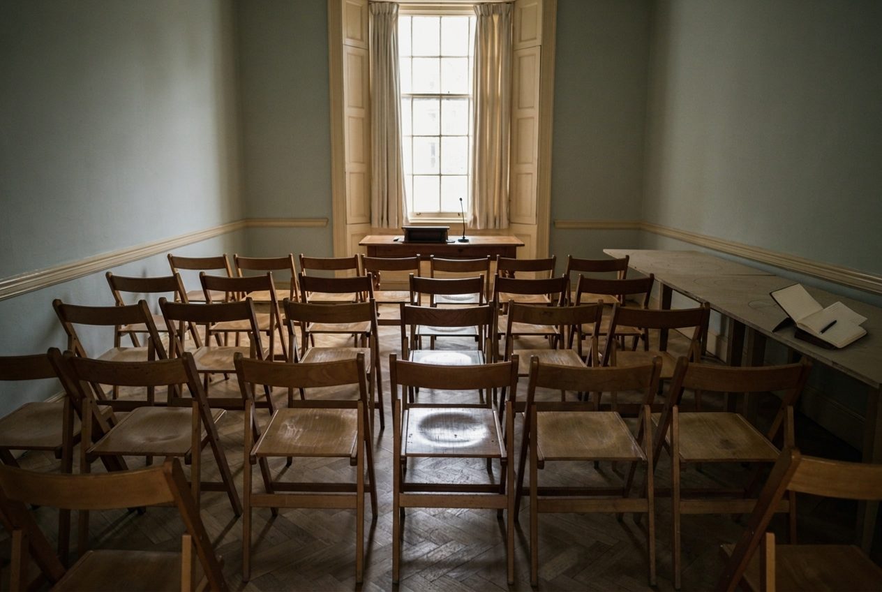 An empty saleroom between auctions, with rows of chairs facing an unused rostrum and bare display tables