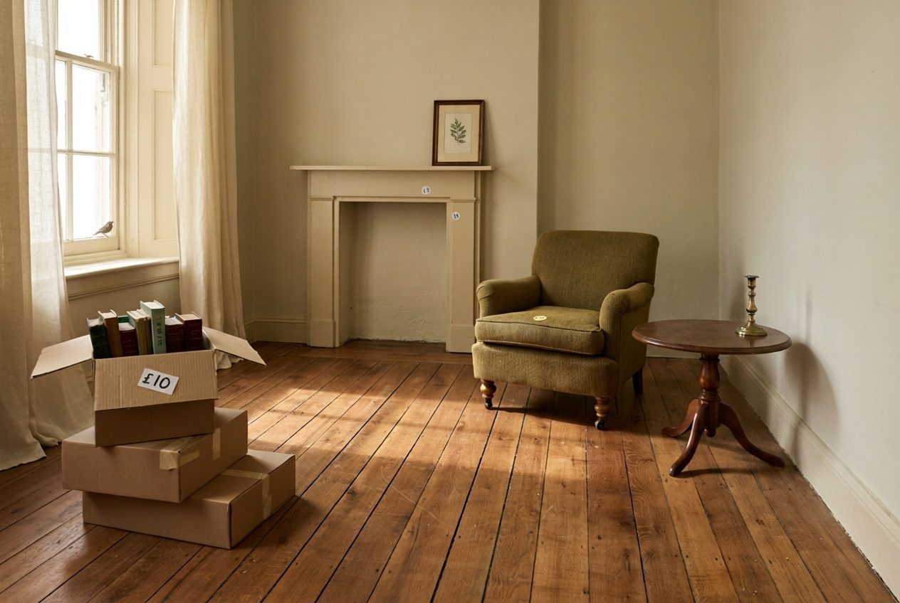 A largely emptied living room at the end of a house contents sale with a few remaining boxes, a lamp and some kitchenware still carrying reduced price stickers