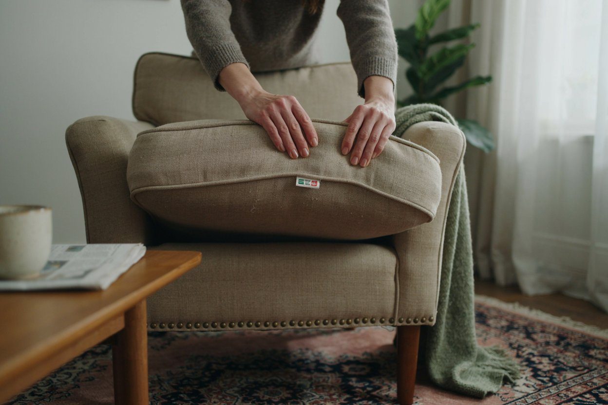 A hand lifting the cushion of an armchair to show the fire safety label sewn underneath