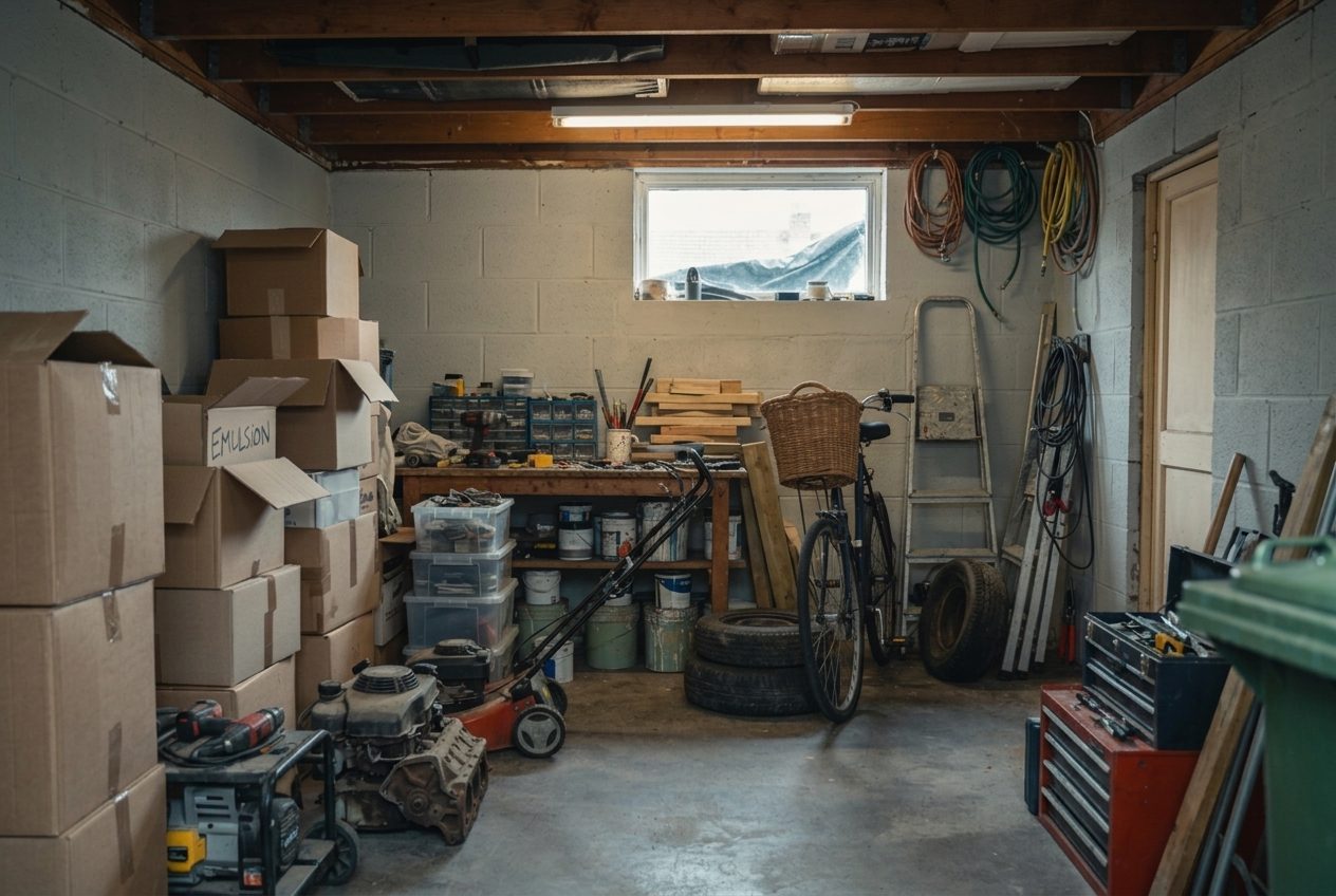 A domestic garage packed to the ceiling with boxes, garden tools, tins of paint and stacked furniture