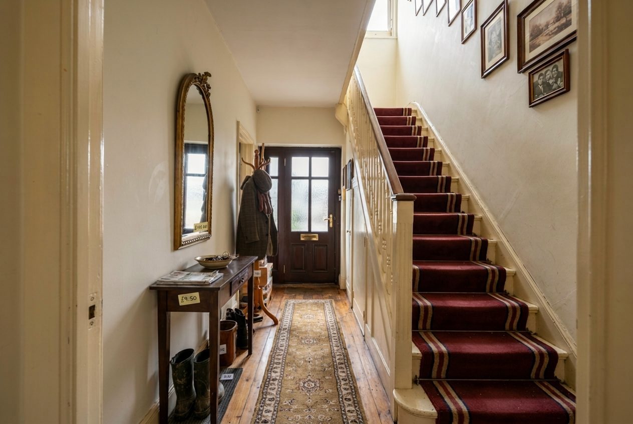 The hallway and staircase of a furnished house with a hall table, mirror and coat stand, each carrying a small price sticker
