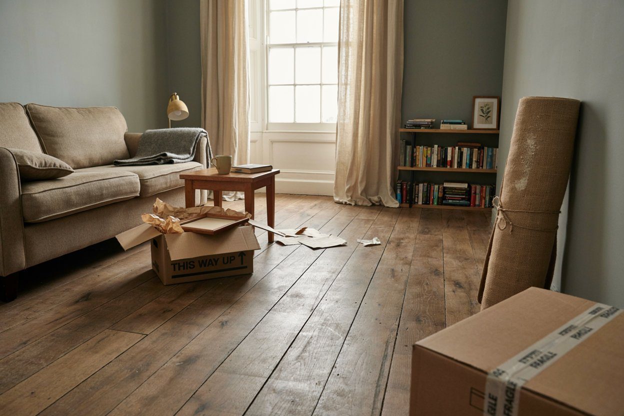 A front room part way through being emptied, with a dining table and chairs still in place and cardboard boxes stacked in the corner