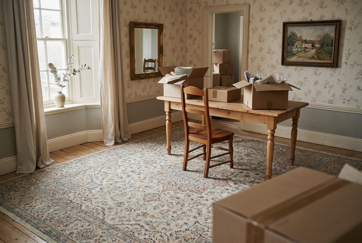 A partly emptied dining room late in a house contents sale, with a few remaining chairs, boxes of kitchenware and gaps where furniture has already gone