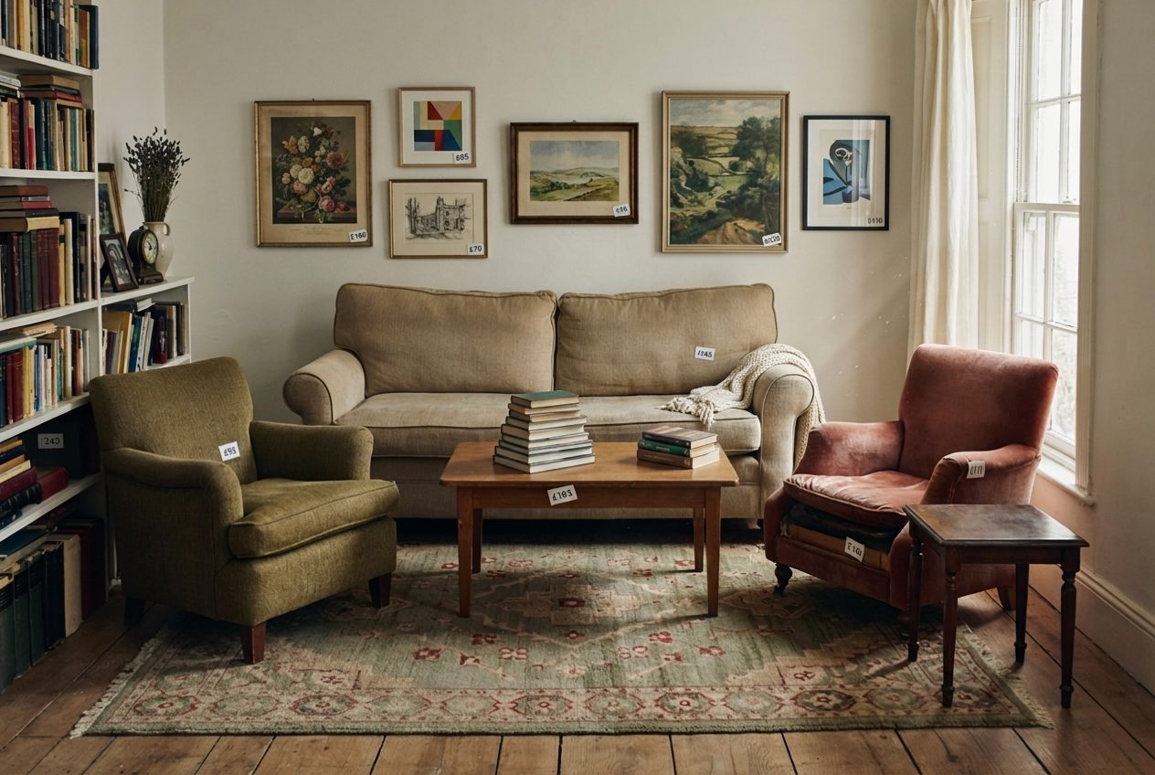 A furnished living room with a sofa, sideboard, table lamps and framed pictures, each item carrying a small price sticker