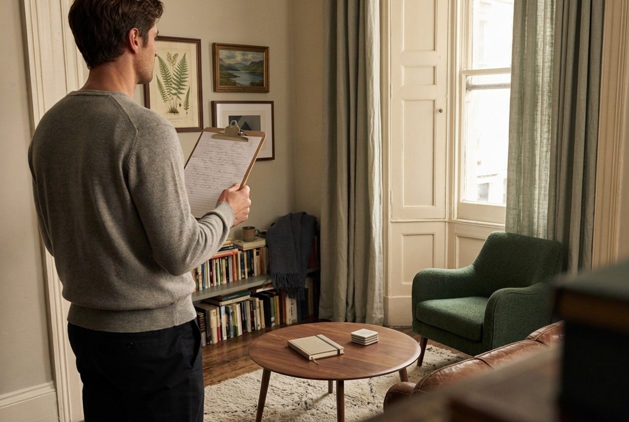 A handwritten room by room inventory list on a clipboard in front of a bedroom wardrobe and chest of drawers