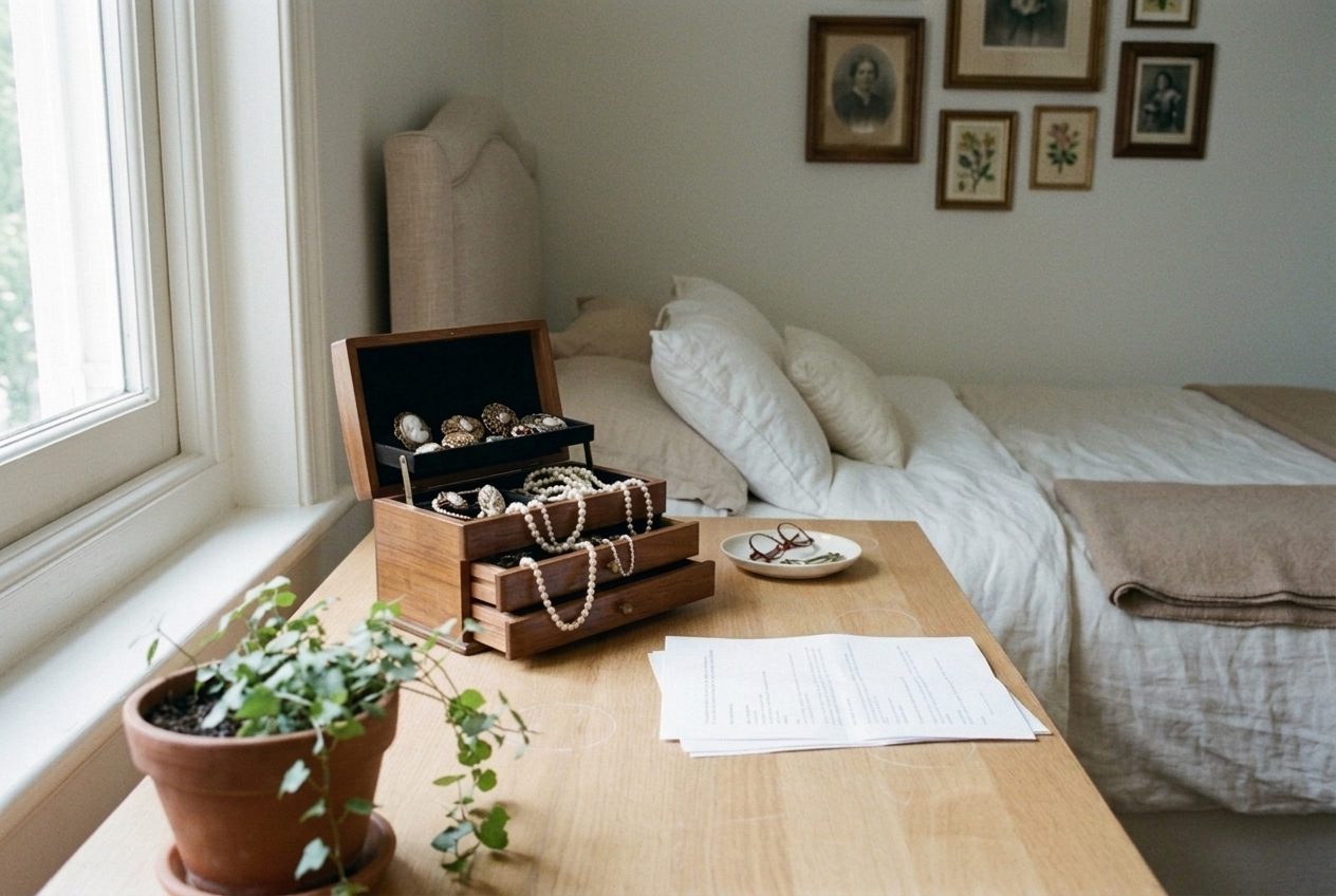 An open jewellery box beside a household insurance schedule listing specified items