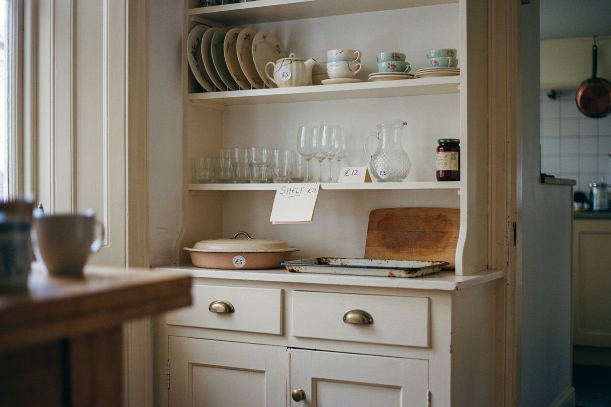 A kitchen shelf of crockery, glassware and serving dishes with small price stickers, some items grouped as a shelf lot