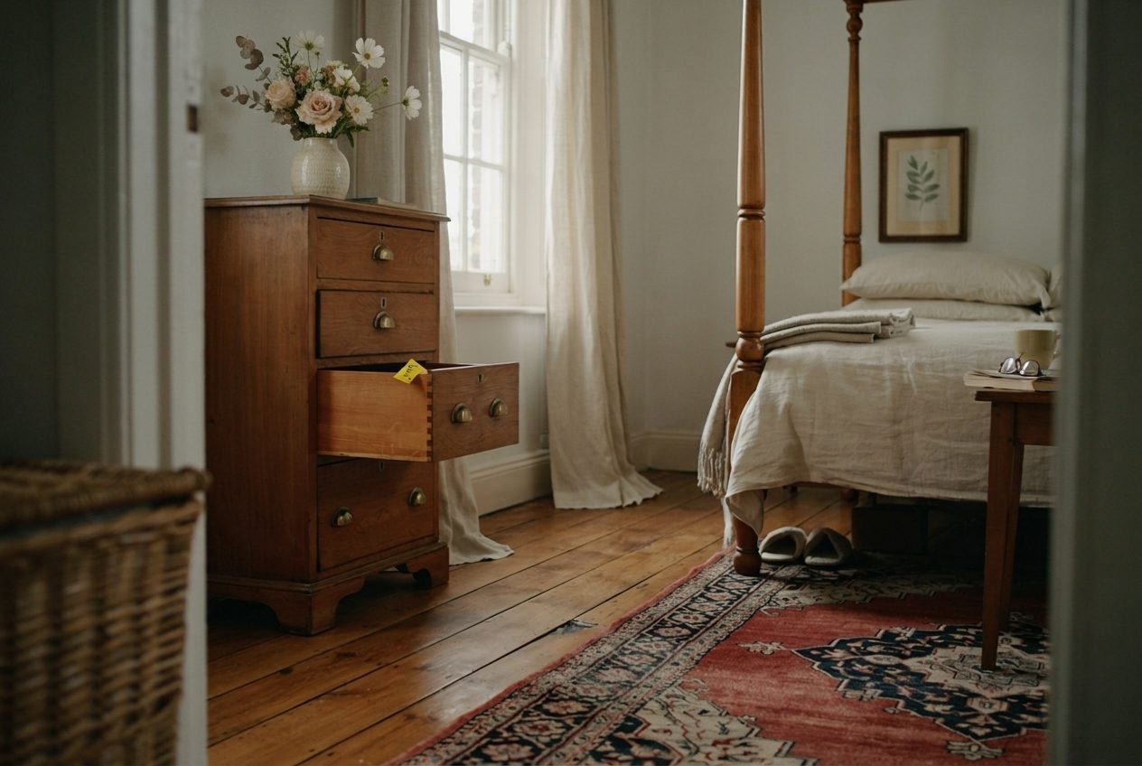A wooden chest of drawers in a bedroom with the top drawer pulled open to show the drawer construction, and a small price sticker on the side