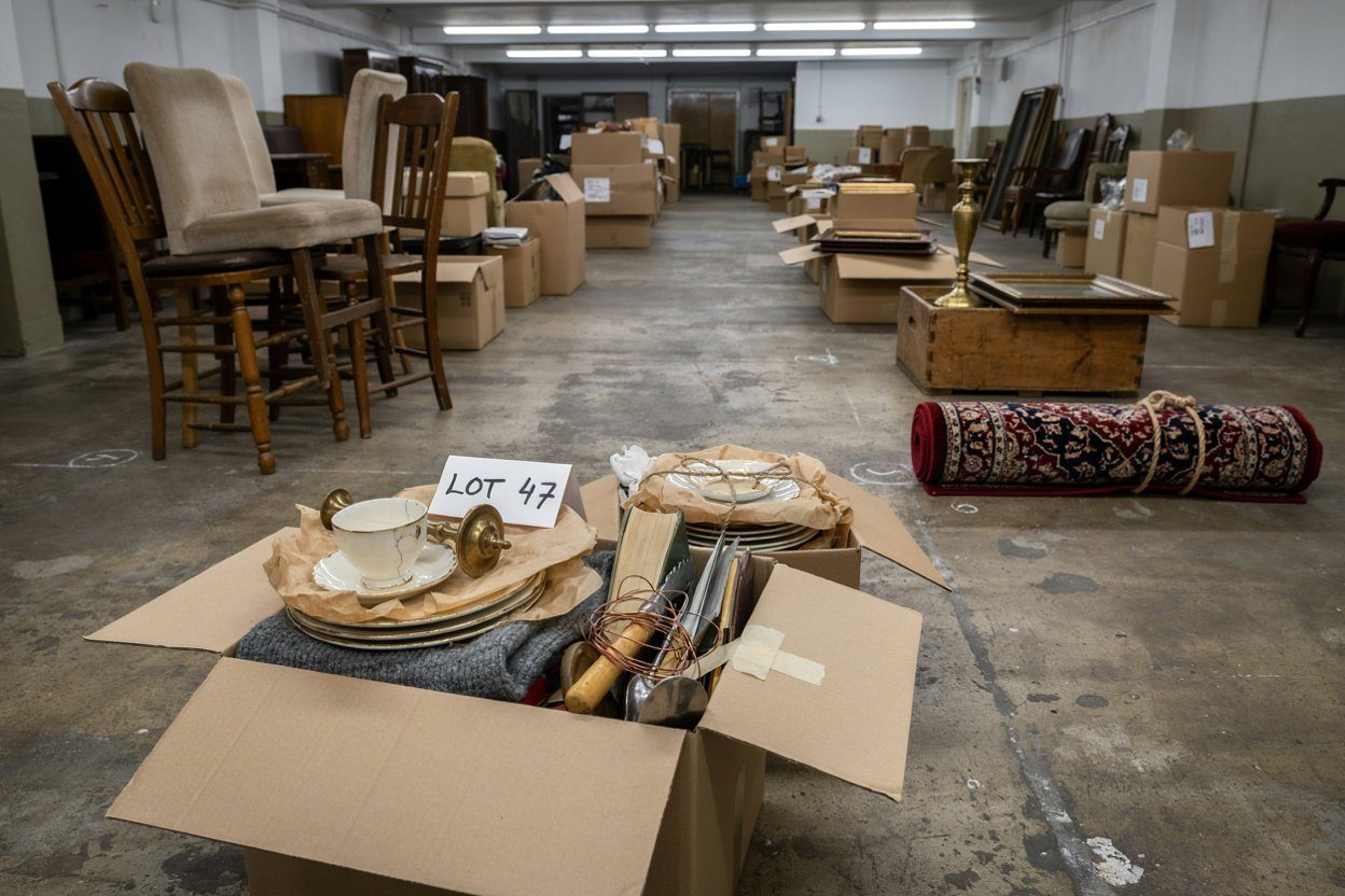 A cardboard box lot containing mixed kitchenware, a clock, table linen and a pair of candlesticks with a paper lot number attached