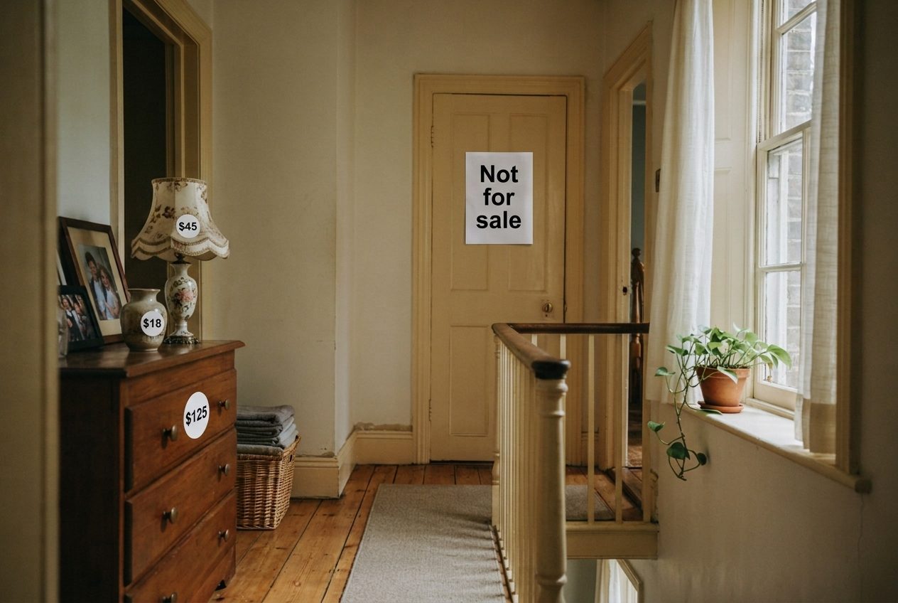 A closed bedroom door with a plain sign reading not for sale, beside a landing with furniture carrying price stickers