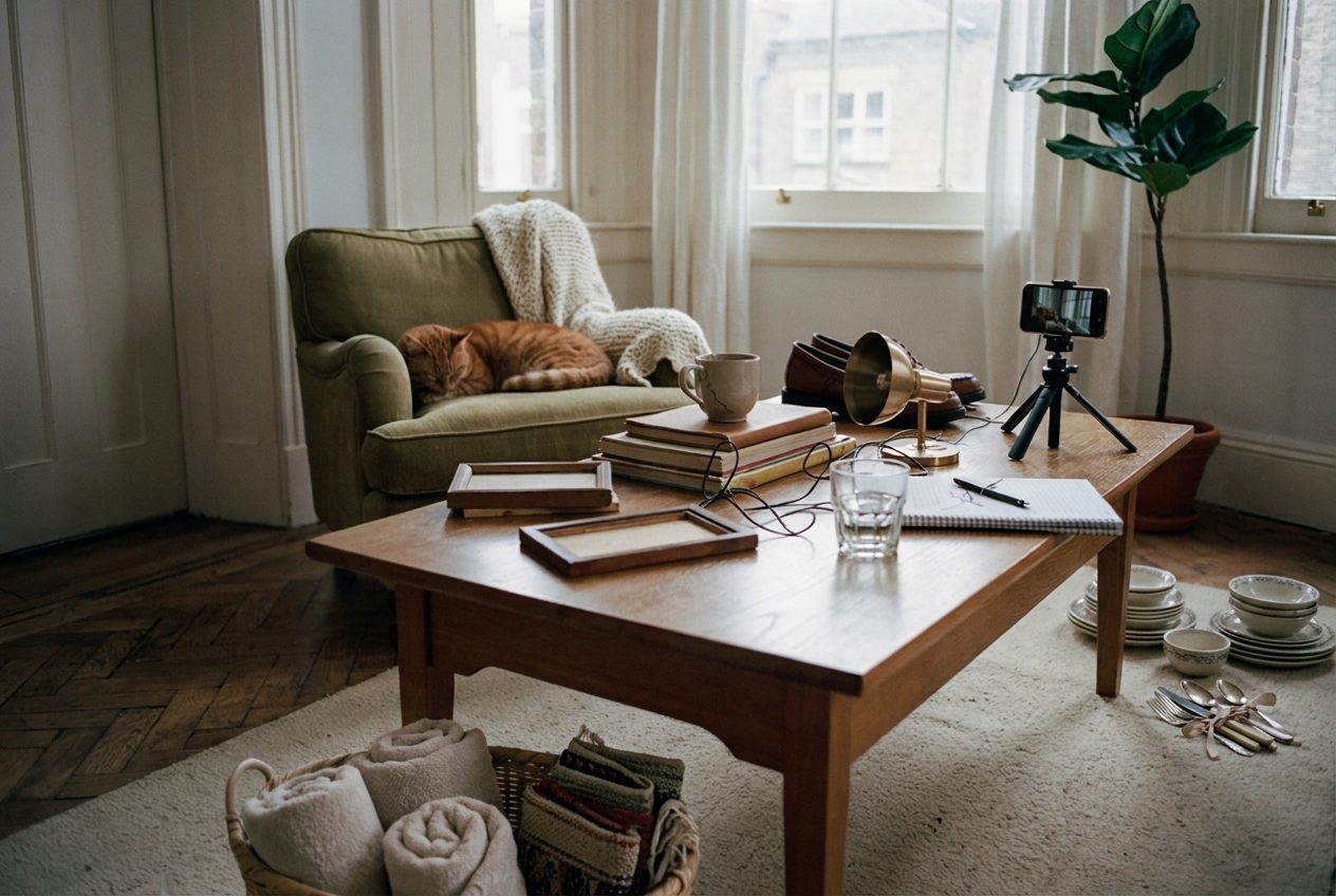 A kitchen table covered with crockery, small ornaments and a phone propped up to photograph them for online listings