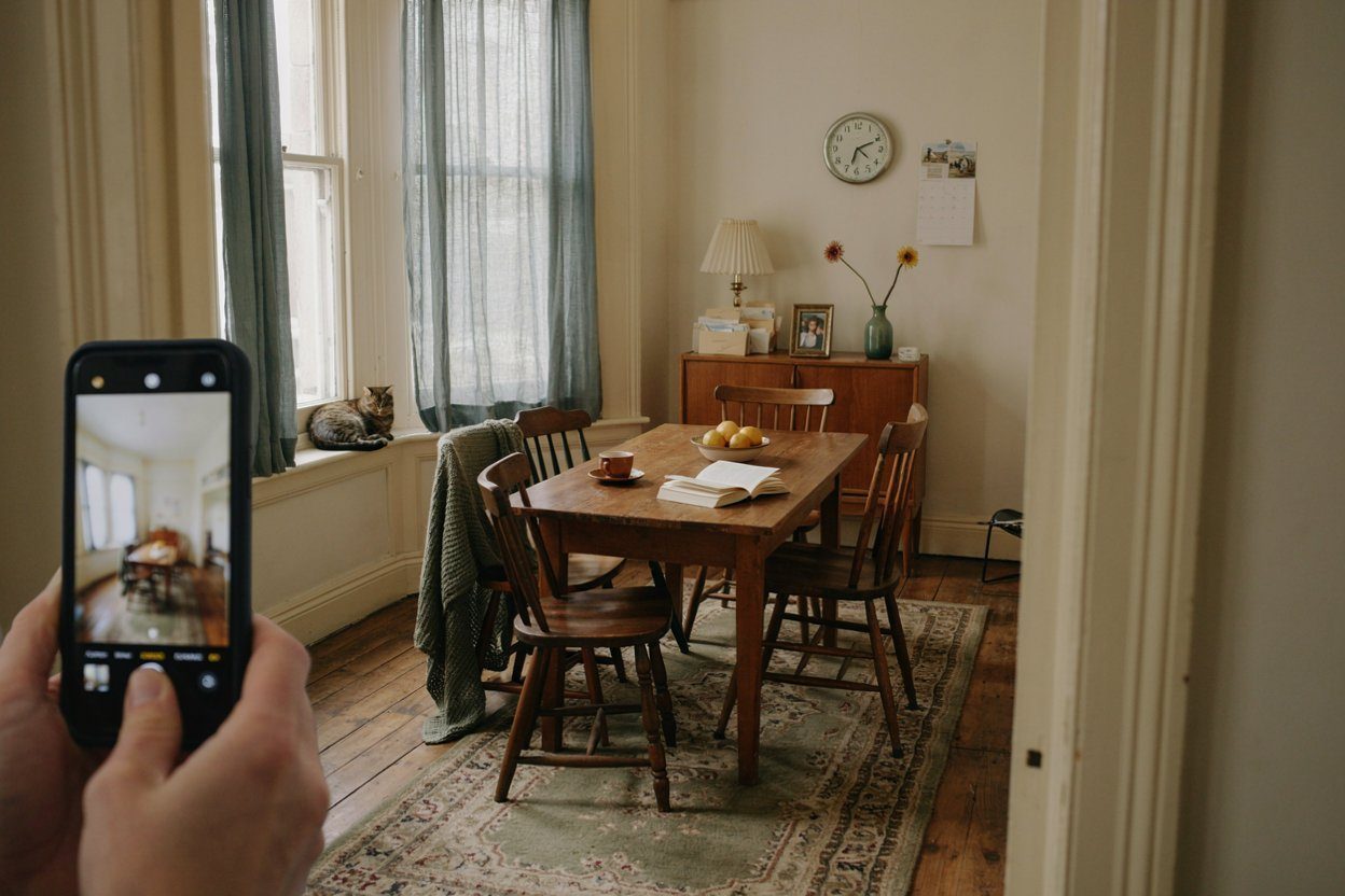 Someone photographing a furnished dining room on a phone before anything has been moved or cleared