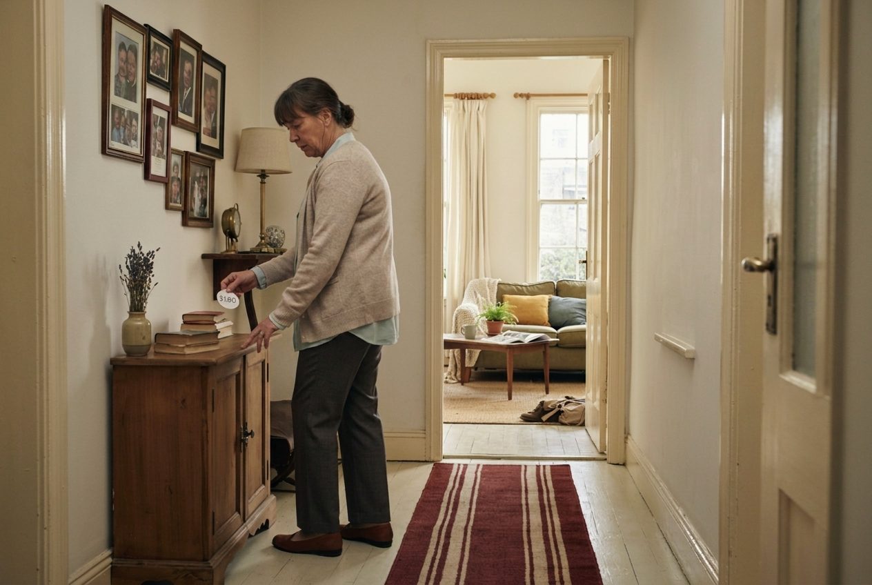 A hallway and open living room in a family house with furniture in place and price stickers being applied to a sideboard