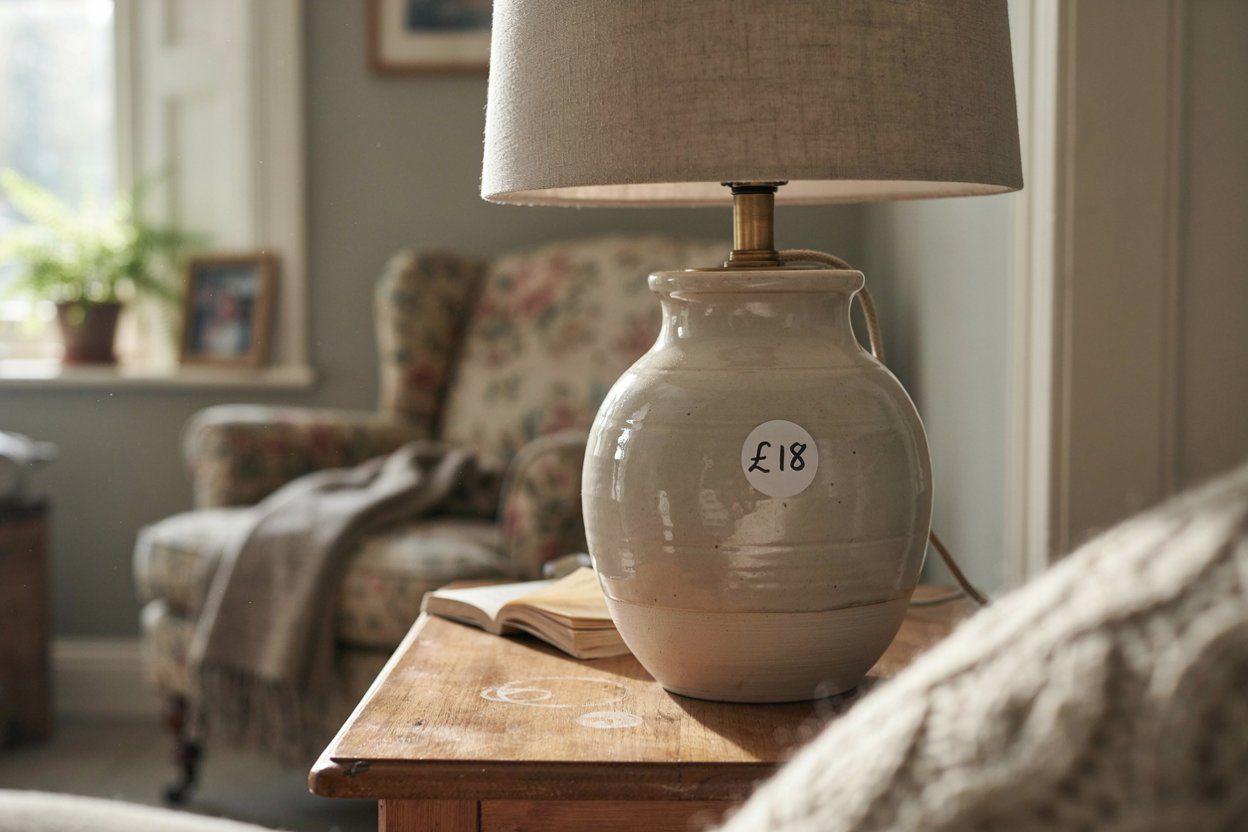 A small price sticker attached to the base of a ceramic table lamp showing a handwritten price and an item reference