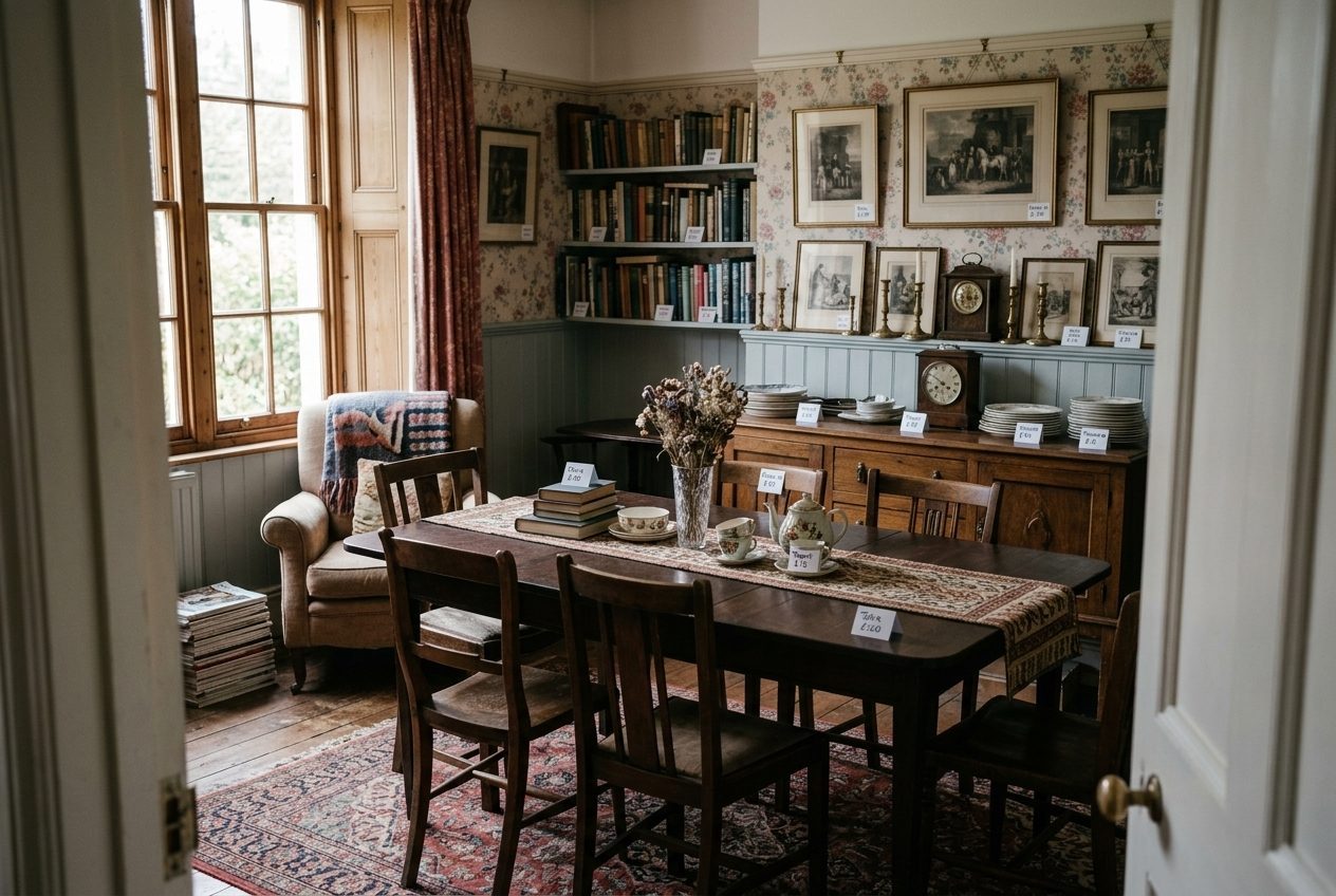 A dining room fully priced ahead of a contents sale, with small stickers on the table, chairs, sideboard and crockery