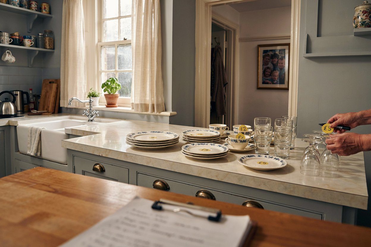 Kitchen shelves and worktop with crockery, glassware and pans grouped into priced sets, each carrying a small sticker