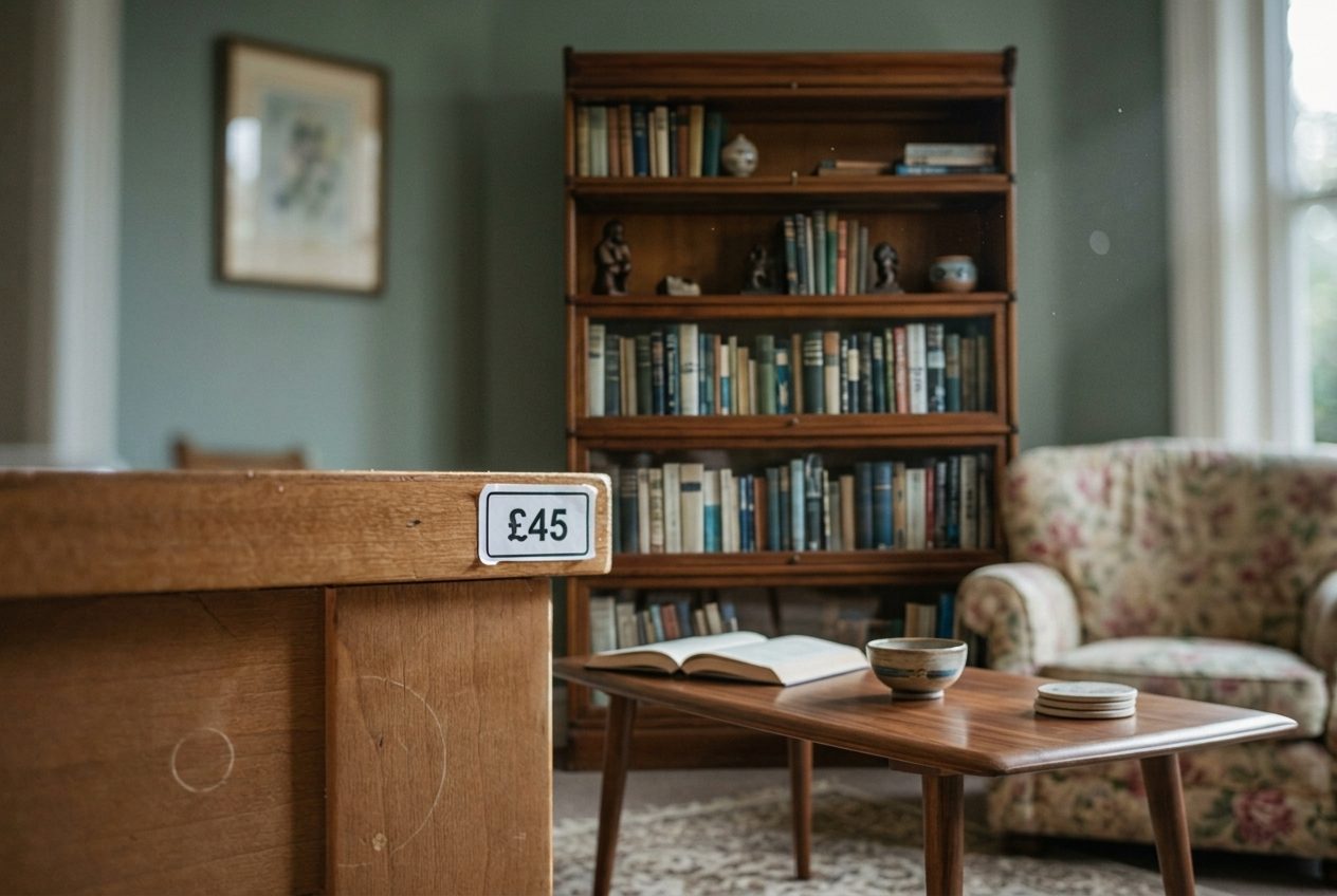 A small handwritten price sticker on the corner of a wooden sideboard in a furnished room