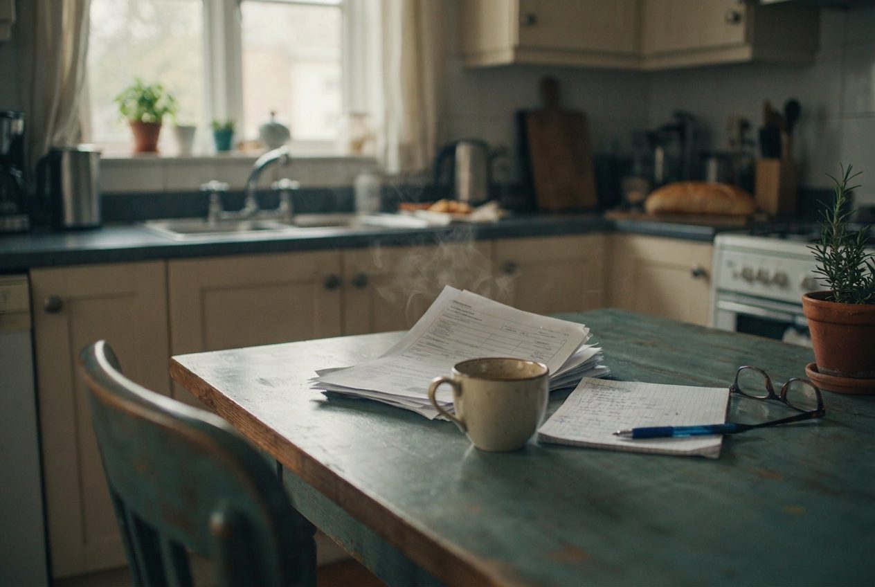 Probate paperwork and a notebook spread out on a kitchen table with a cup of tea beside them