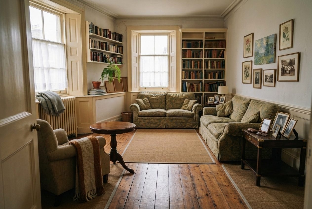 A quiet, tidy front room in an older house with an armchair, a side table and framed photographs, morning light through net curtains