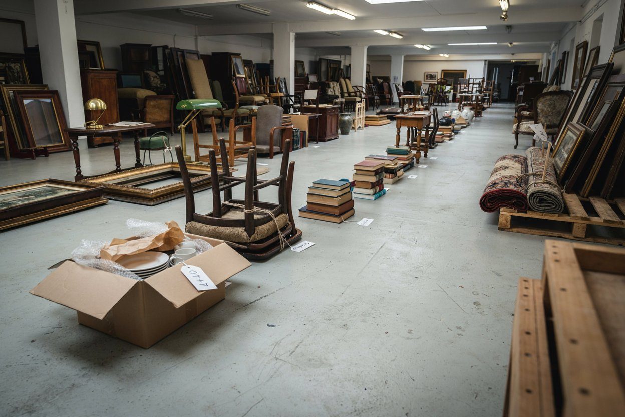 Rows of numbered mixed lots on a saleroom floor, including boxes of crockery, stacked chairs and a rolled rug