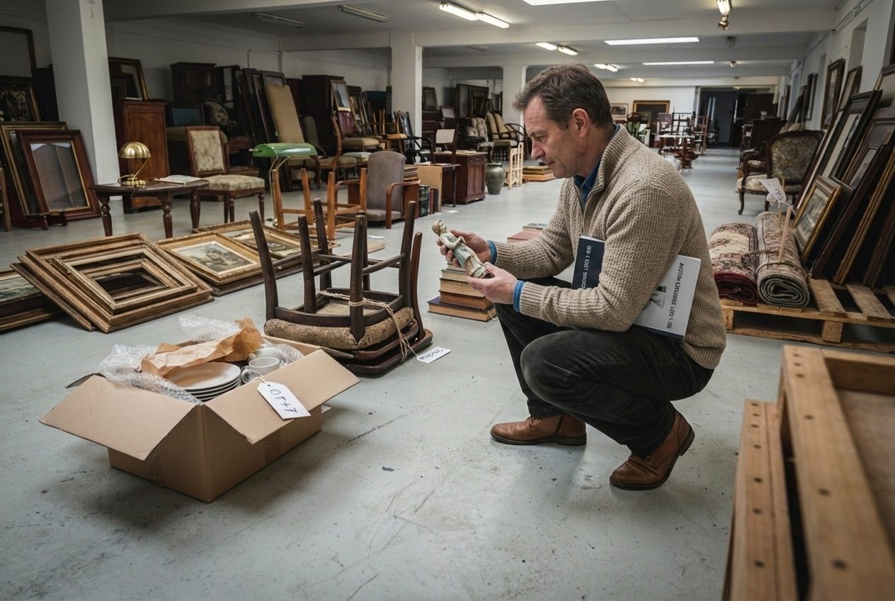 A buyer examining the underside of a chair during a viewing day at a provincial auction room