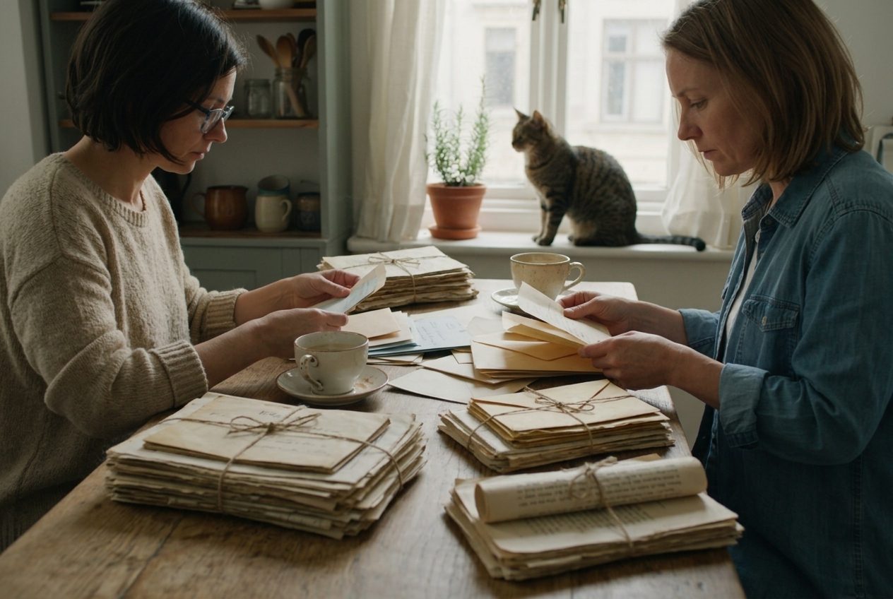 Two people sitting at a kitchen table sorting through papers and old envelopes, mugs of tea beside them