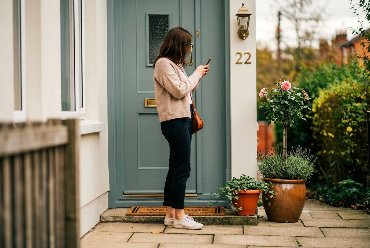 A phone showing a booked time slot confirmation, held up at the front door of an ordinary terraced house
