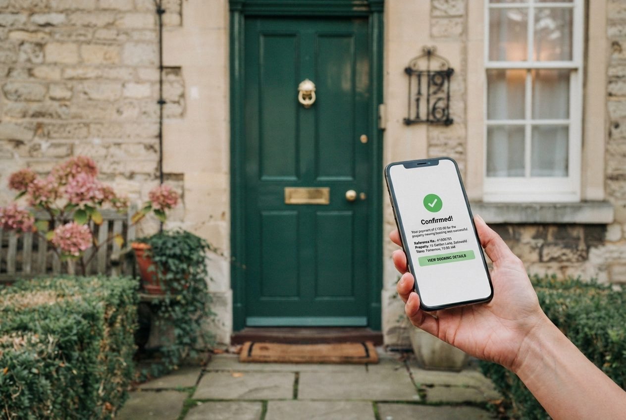 A person holding a phone showing a booked time slot confirmation at the front door of a terraced house