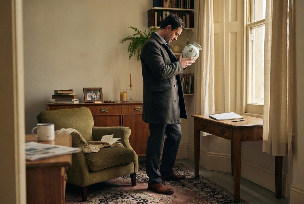 A valuer examining the underside of a ceramic vase in a furnished sitting room during a house call, with more furniture and objects around