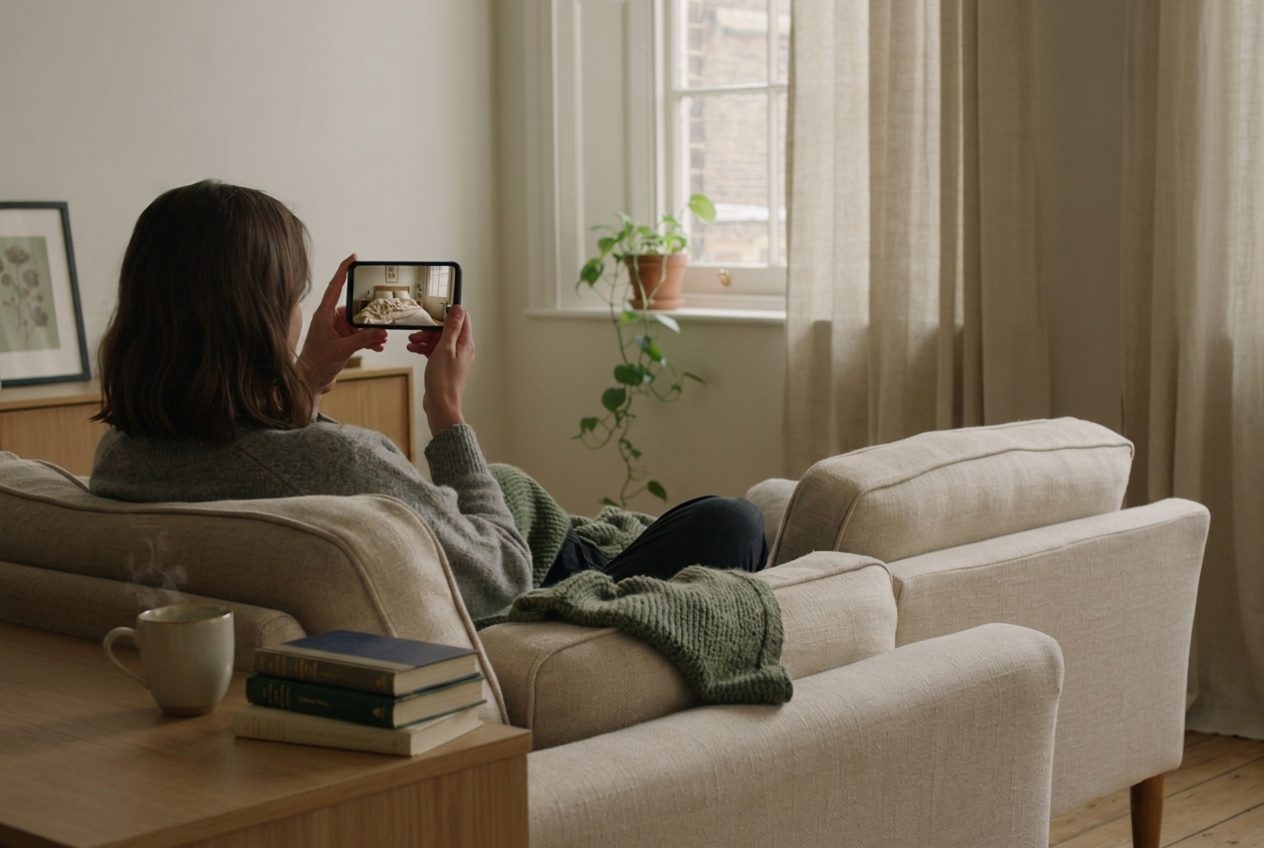 A phone showing a video walkthrough of a furnished bedroom, held up in front of a sofa at home