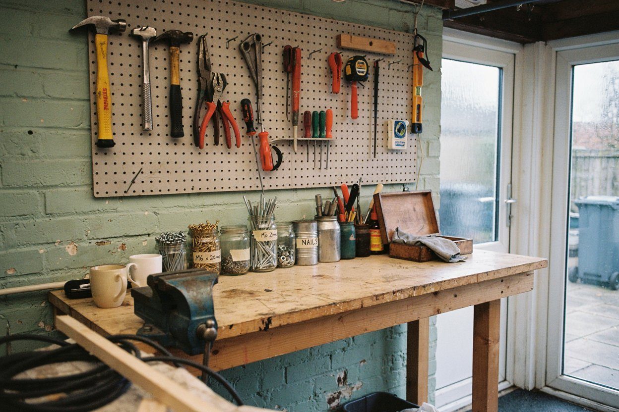 A well used workbench in a garage with hand tools hung on a board above it and a stack of storage tins